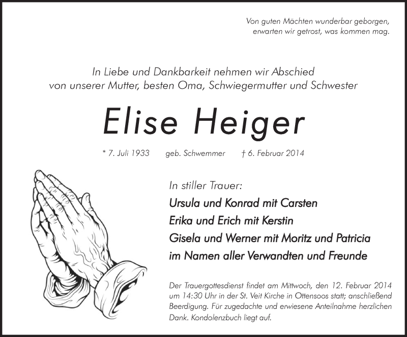  Traueranzeige für Elise Heiger vom 08.02.2014 aus Pegnitz-Zeitung